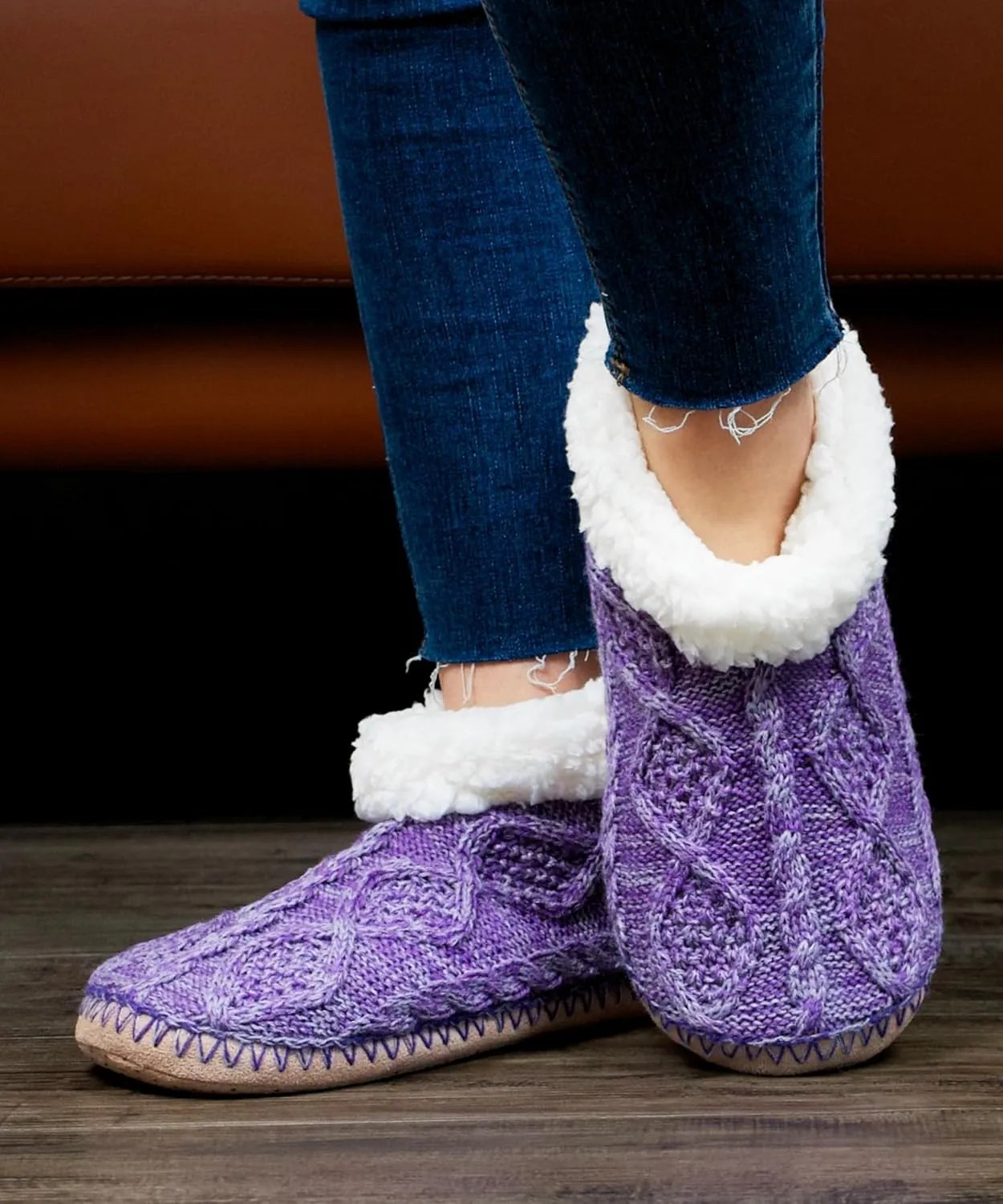 Cable Knit House Slippers for Women Indoor, Sherpa Fleece Lined Soft Loafer Shoes, Winter Warm Fluffy Bedroom Fuzzy Socks Non-slip Grippers, Cozy Gifts Unique
