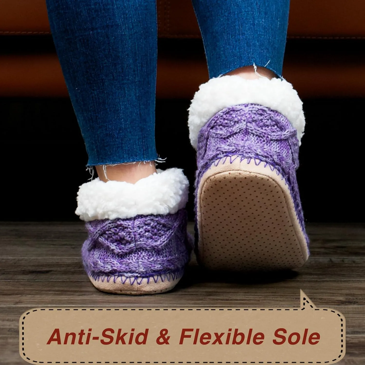 Cable Knit House Slippers for Women Indoor, Sherpa Fleece Lined Soft Loafer Shoes, Winter Warm Fluffy Bedroom Fuzzy Socks Non-slip Grippers, Cozy Gifts Unique
