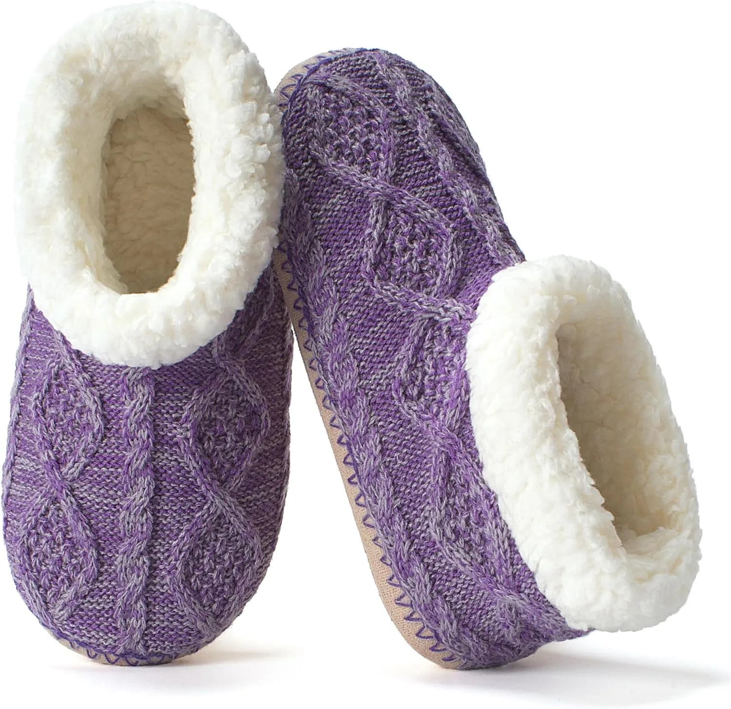 Cable Knit House Slippers for Women Indoor, Sherpa Fleece Lined Soft Loafer Shoes, Winter Warm Fluffy Bedroom Fuzzy Socks Non-slip Grippers, Cozy Gifts Unique