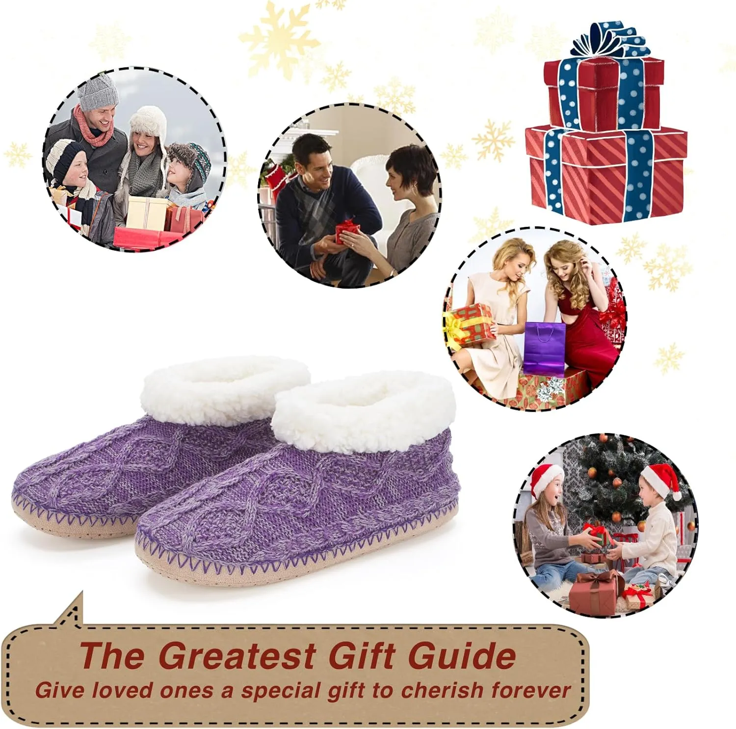 Cable Knit House Slippers for Women Indoor, Sherpa Fleece Lined Soft Loafer Shoes, Winter Warm Fluffy Bedroom Fuzzy Socks Non-slip Grippers, Cozy Gifts Unique