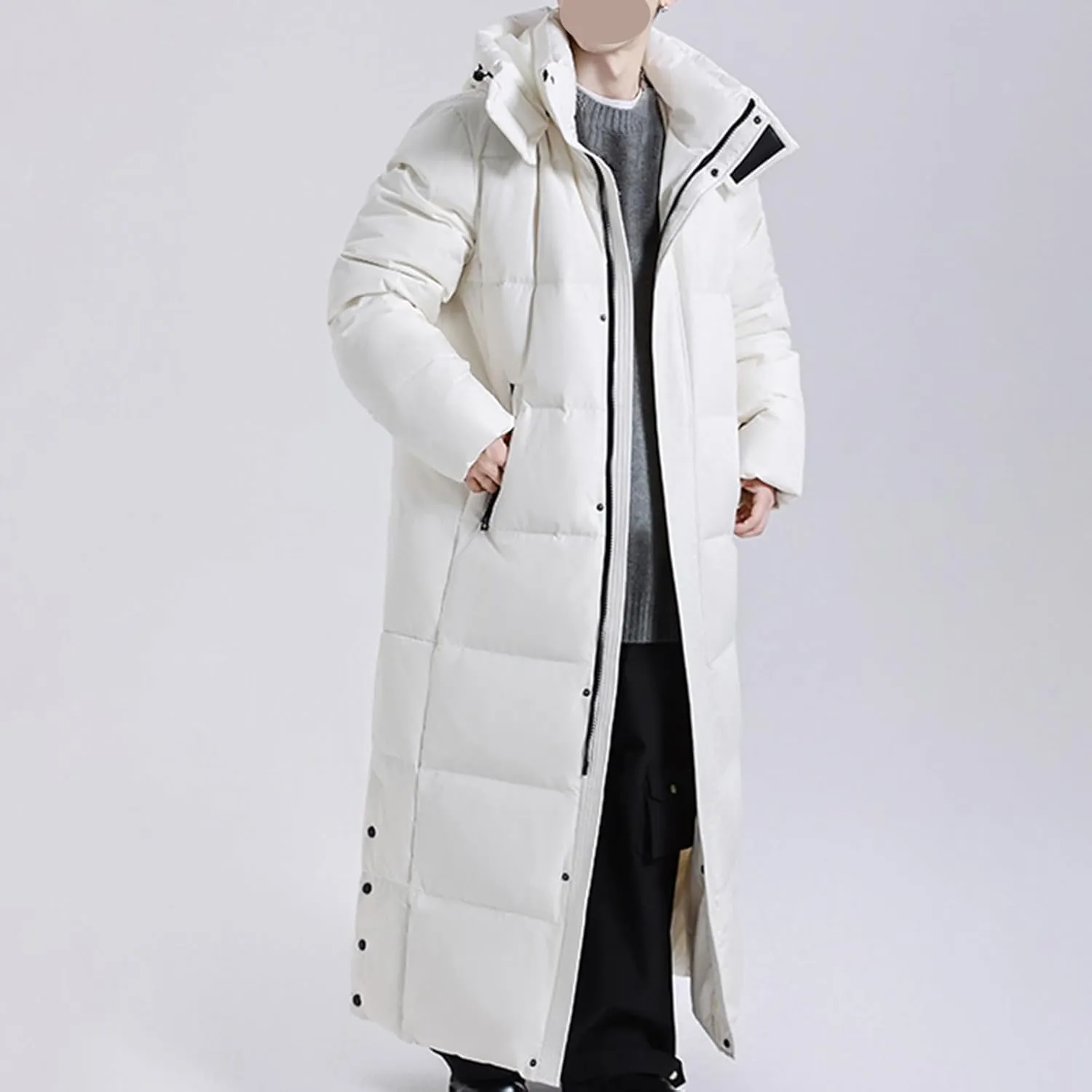 Cambkatl Men's Long Padded Down Puffer Coat Maxi Hooded Quilted Jackets Windproof Winter Thermal Outerwear