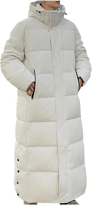 Cambkatl Men's Long Padded Down Puffer Coat Maxi Hooded Quilted Jackets Windproof Winter Thermal Outerwear