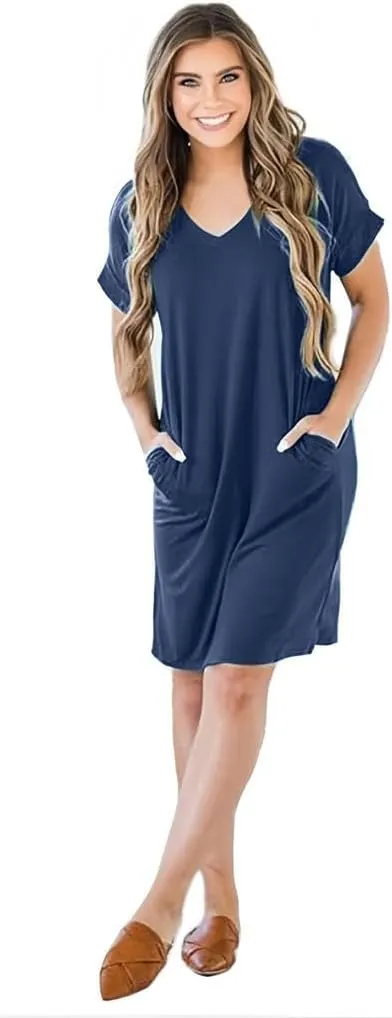 Camisunny Womens Short Sleeve Pleated Loose Swing Casual Dresses with Pockets Knee Length Summer V Neck Tunic Dress