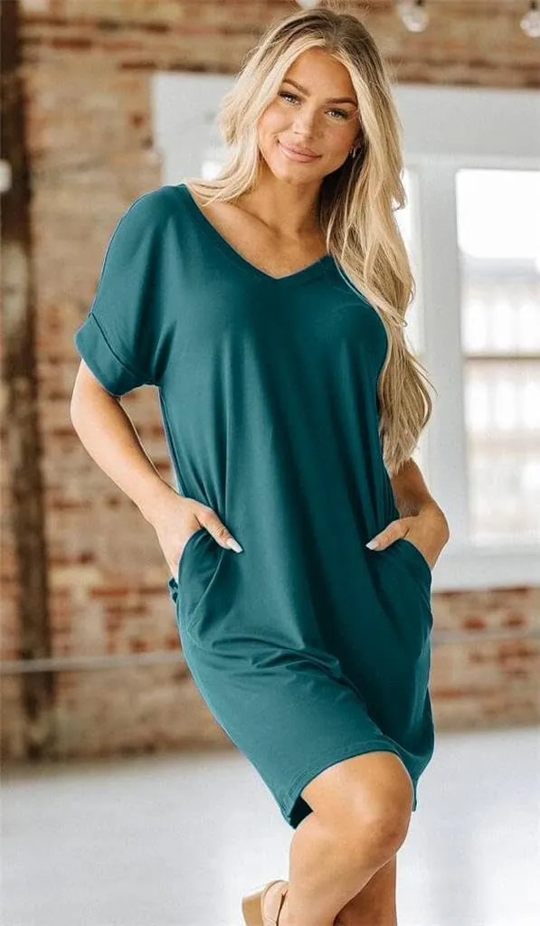 Camisunny Womens Short Sleeve Pleated Loose Swing Casual Dresses with Pockets Knee Length Summer V Neck Tunic Dress
