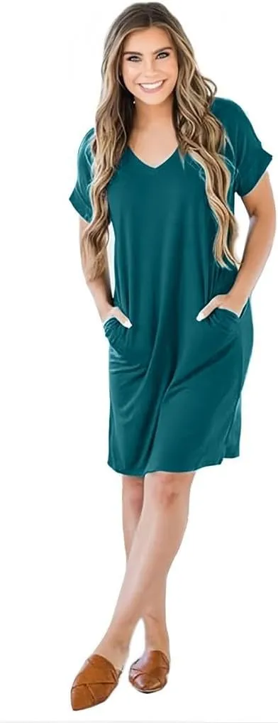 Camisunny Womens Short Sleeve Pleated Loose Swing Casual Dresses with Pockets Knee Length Summer V Neck Tunic Dress