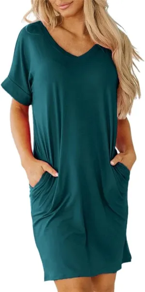 Camisunny Womens Short Sleeve Pleated Loose Swing Casual Dresses with Pockets Knee Length Summer V Neck Tunic Dress