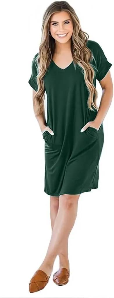 Camisunny Womens Short Sleeve Pleated Loose Swing Casual Dresses with Pockets Knee Length Summer V Neck Tunic Dress