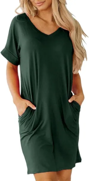Camisunny Womens Short Sleeve Pleated Loose Swing Casual Dresses with Pockets Knee Length Summer V Neck Tunic Dress