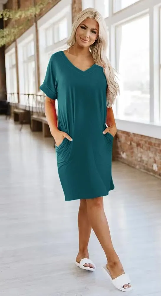 Camisunny Womens Short Sleeve Pleated Loose Swing Casual Dresses with Pockets Knee Length Summer V Neck Tunic Dress