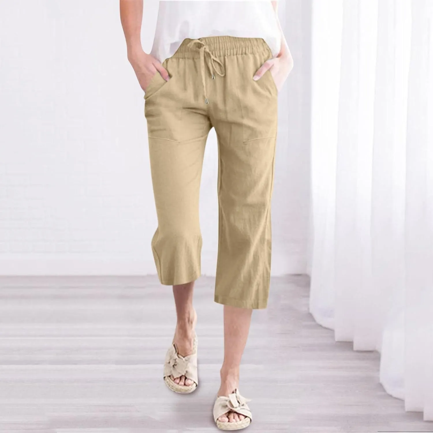 Capris Pants for Women Casual Summer Linen Lounge Palazzo Drawstring High Waisted Wide Leg Cropped Trousers