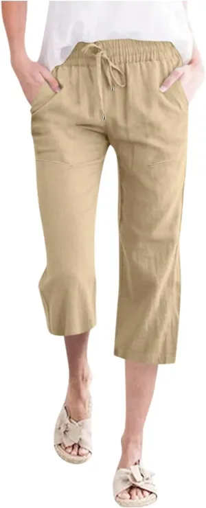 Capris Pants for Women Casual Summer Linen Lounge Palazzo Drawstring High Waisted Wide Leg Cropped Trousers