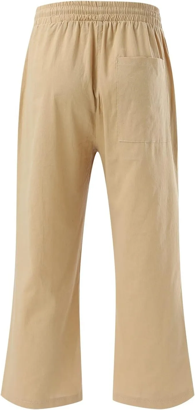 Capris Pants for Women Casual Summer Linen Lounge Palazzo Drawstring High Waisted Wide Leg Cropped Trousers