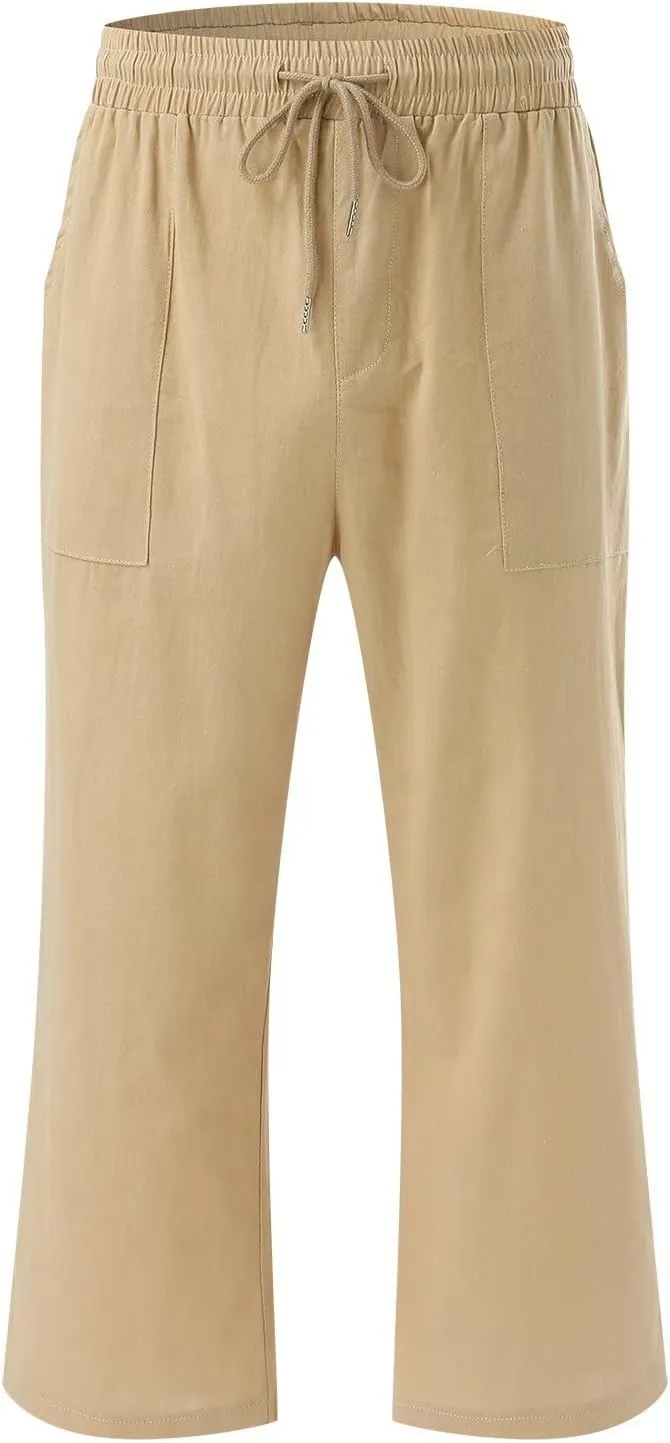 Capris Pants for Women Casual Summer Linen Lounge Palazzo Drawstring High Waisted Wide Leg Cropped Trousers