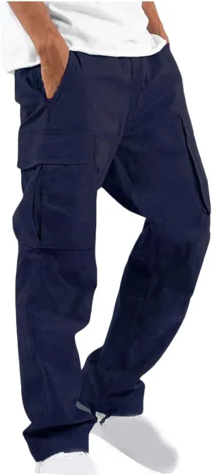 Cargo Pants for Men Baggy Elastic Waist Pants Straight Leg Drawstring Pants Casual Hiking Pants Stretch Jogging Pants