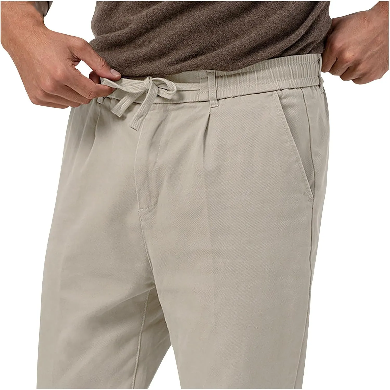 Casual Pants for Men Stretch Dress Pants Khaki Slim Fit Pants Solid Drawstring Waist Pants Golf Pants with Pockets
