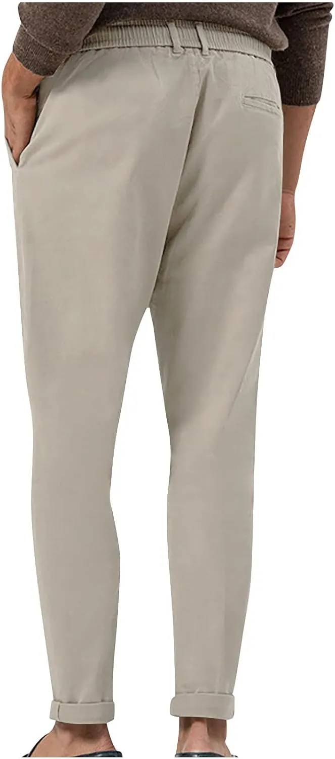 Casual Pants for Men Stretch Dress Pants Khaki Slim Fit Pants Solid Drawstring Waist Pants Golf Pants with Pockets