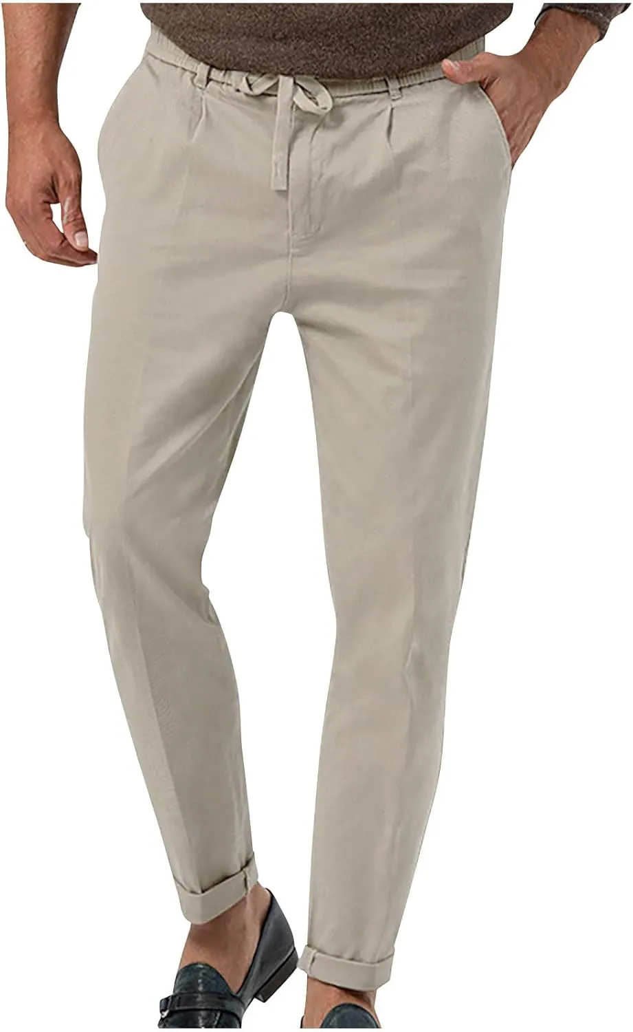 Casual Pants for Men Stretch Dress Pants Khaki Slim Fit Pants Solid Drawstring Waist Pants Golf Pants with Pockets