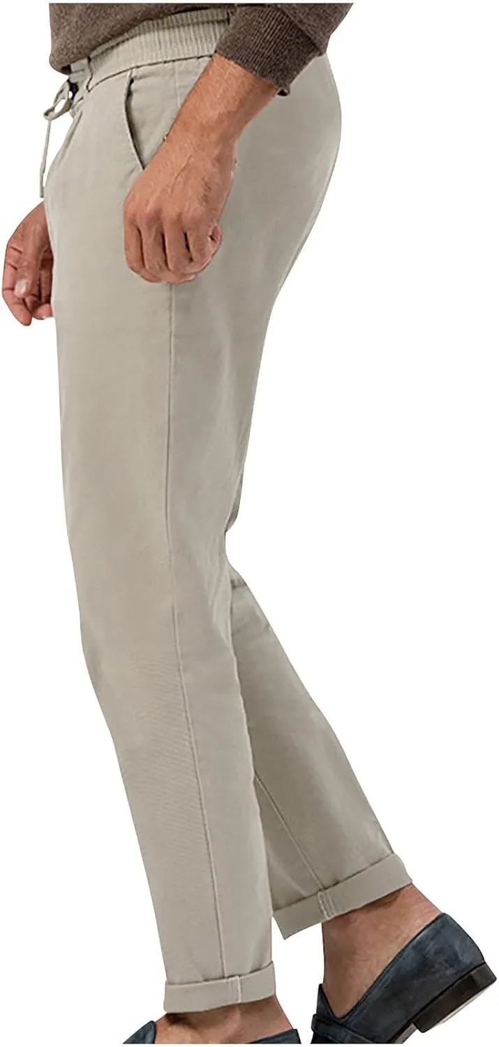 Casual Pants for Men Stretch Dress Pants Khaki Slim Fit Pants Solid Drawstring Waist Pants Golf Pants with Pockets