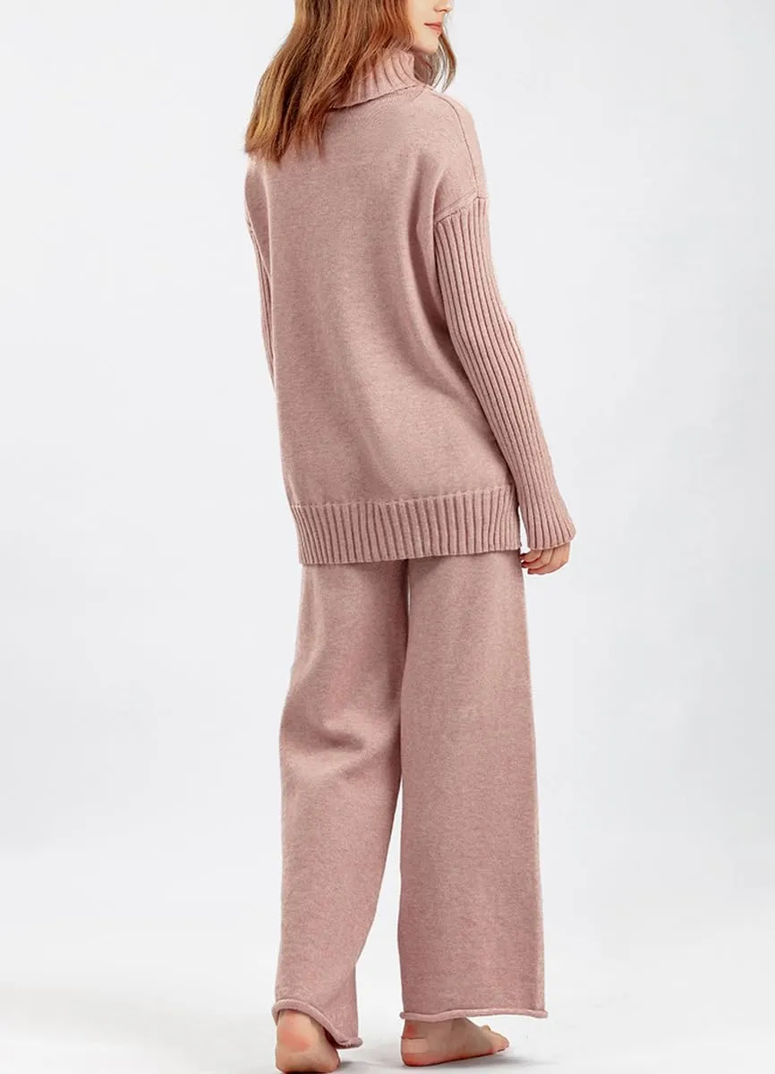 chouyatou Women's Fall 2 Piece Outfits Turtleneck Cable Knit Sweater Wide Leg Pant Sets Lounge Sets