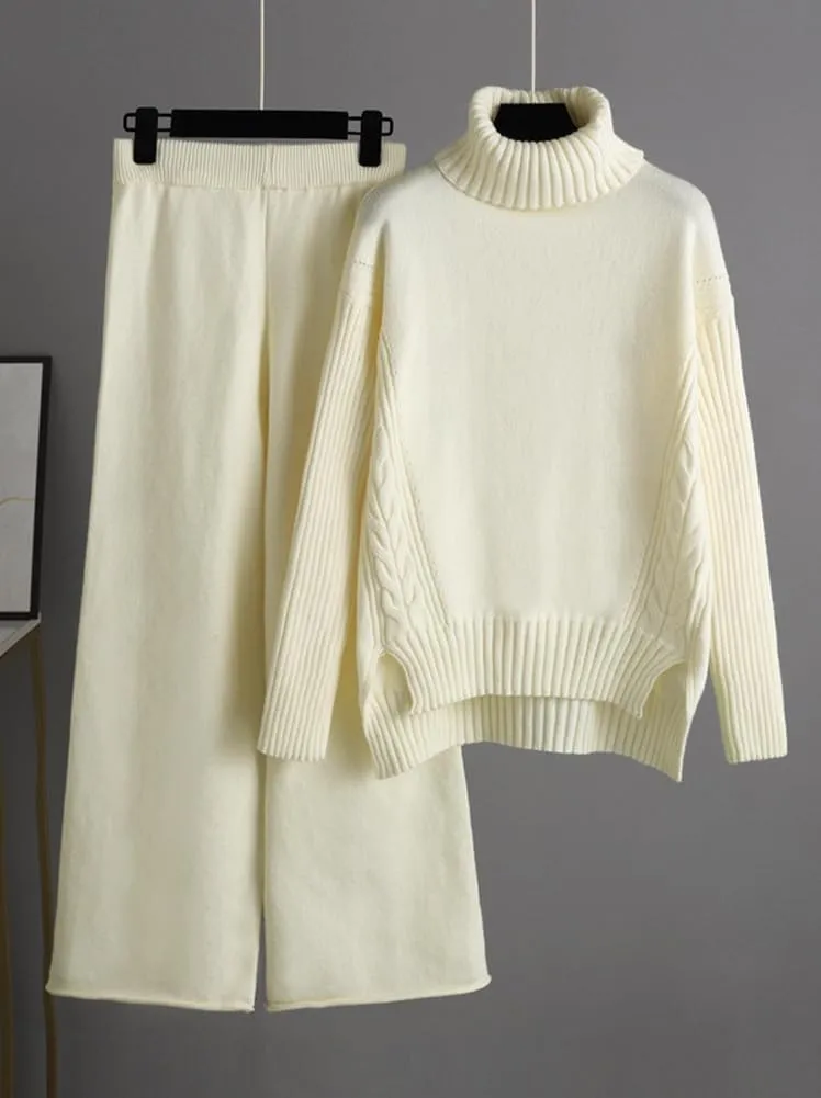 chouyatou Women's Fall 2 Piece Outfits Turtleneck Cable Knit Sweater Wide Leg Pant Sets Lounge Sets