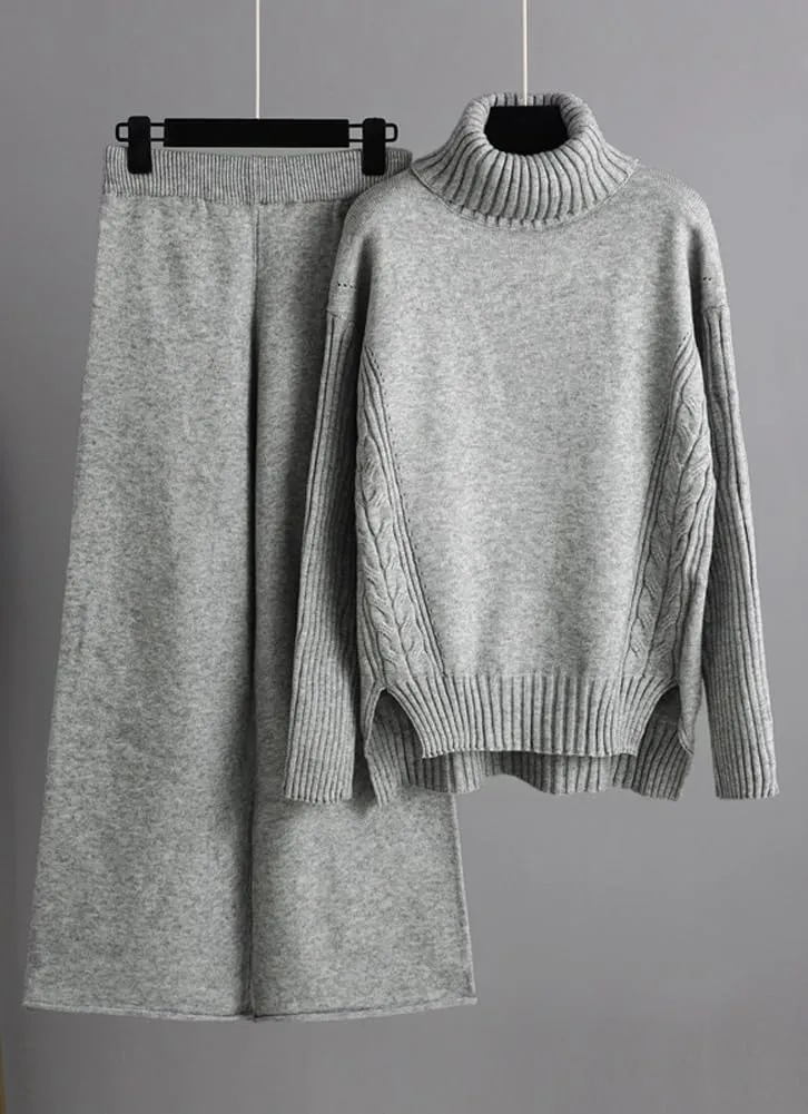 chouyatou Women's Fall 2 Piece Outfits Turtleneck Cable Knit Sweater Wide Leg Pant Sets Lounge Sets