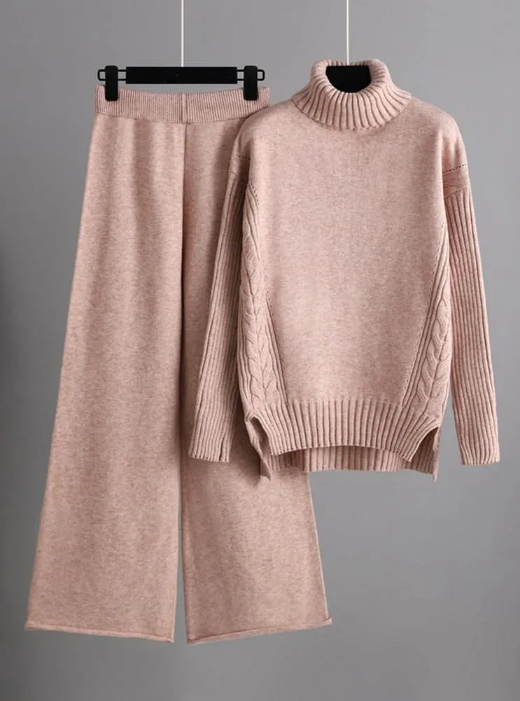 chouyatou Women's Fall 2 Piece Outfits Turtleneck Cable Knit Sweater Wide Leg Pant Sets Lounge Sets