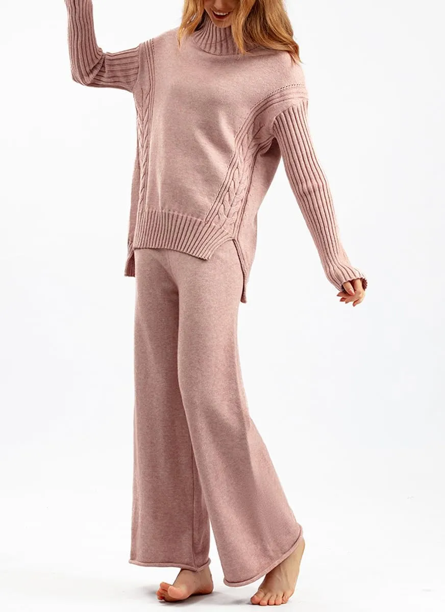 chouyatou Women's Fall 2 Piece Outfits Turtleneck Cable Knit Sweater Wide Leg Pant Sets Lounge Sets