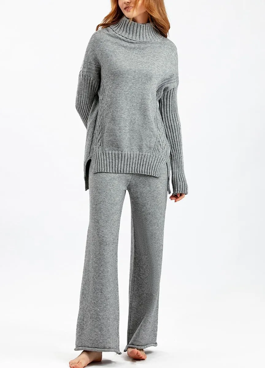 chouyatou Women's Fall 2 Piece Outfits Turtleneck Cable Knit Sweater Wide Leg Pant Sets Lounge Sets