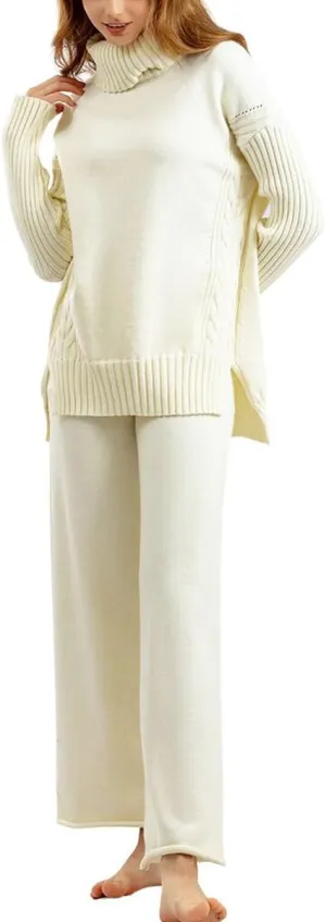 chouyatou Women's Fall 2 Piece Outfits Turtleneck Cable Knit Sweater Wide Leg Pant Sets Lounge Sets