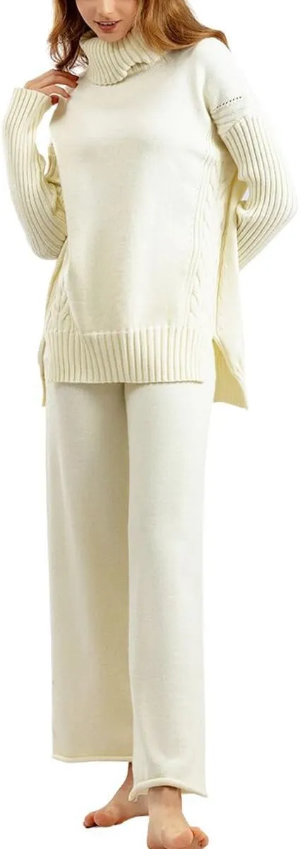 chouyatou Women's Fall 2 Piece Outfits Turtleneck Cable Knit Sweater Wide Leg Pant Sets Lounge Sets