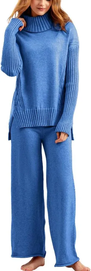 chouyatou Women's Fall 2 Piece Outfits Turtleneck Cable Knit Sweater Wide Leg Pant Sets Lounge Sets