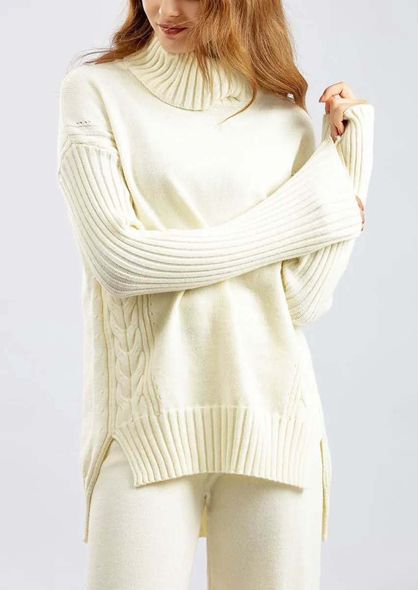 chouyatou Women's Fall 2 Piece Outfits Turtleneck Cable Knit Sweater Wide Leg Pant Sets Lounge Sets