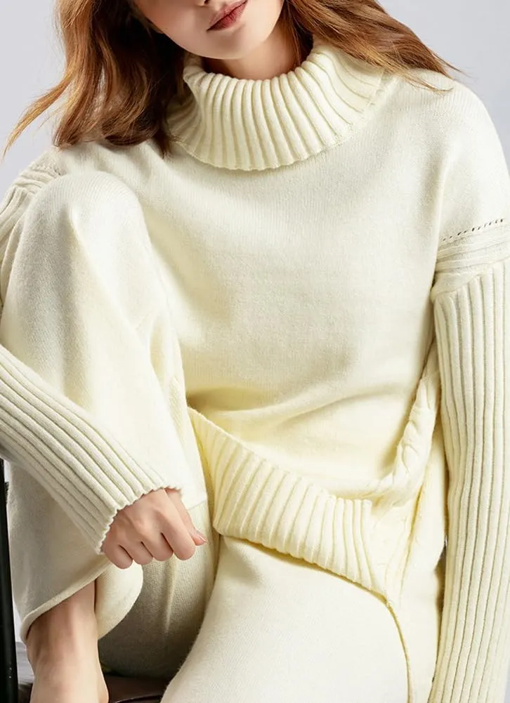 chouyatou Women's Fall 2 Piece Outfits Turtleneck Cable Knit Sweater Wide Leg Pant Sets Lounge Sets