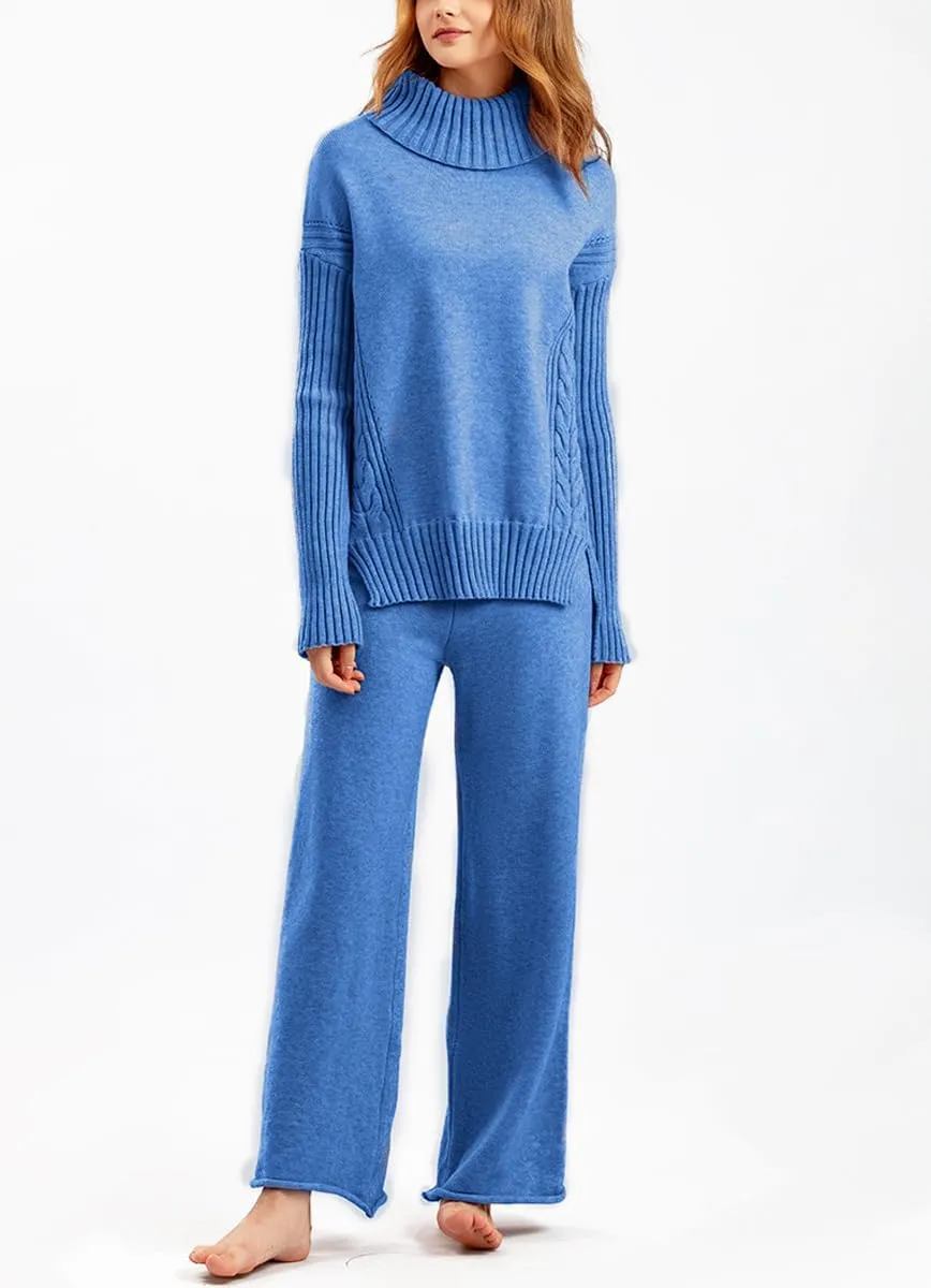 chouyatou Women's Fall 2 Piece Outfits Turtleneck Cable Knit Sweater Wide Leg Pant Sets Lounge Sets