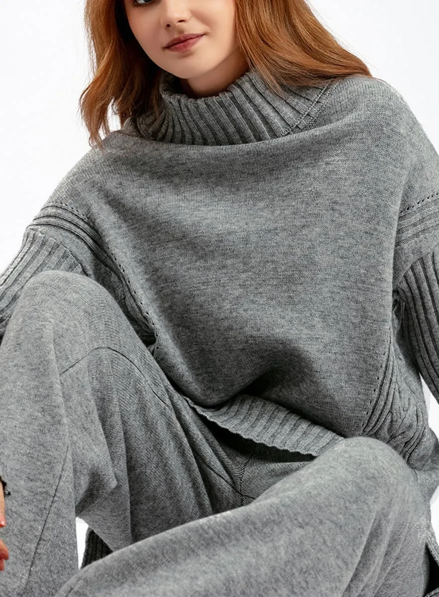 chouyatou Women's Fall 2 Piece Outfits Turtleneck Cable Knit Sweater Wide Leg Pant Sets Lounge Sets
