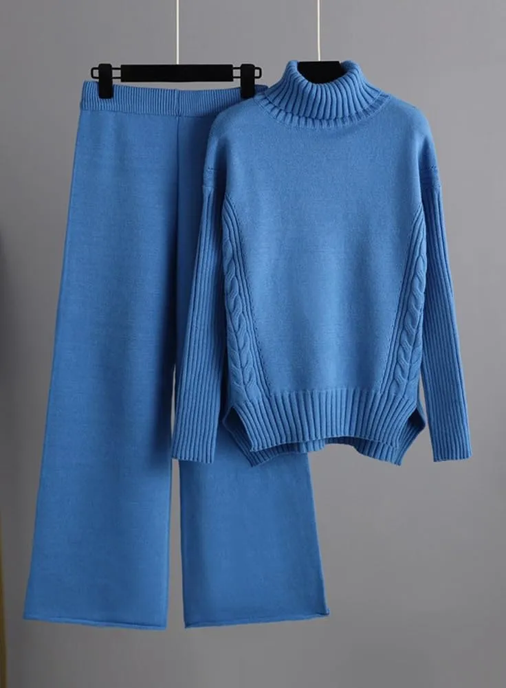 chouyatou Women's Fall 2 Piece Outfits Turtleneck Cable Knit Sweater Wide Leg Pant Sets Lounge Sets
