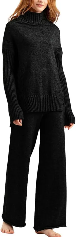 chouyatou Women's Fall 2 Piece Outfits Turtleneck Cable Knit Sweater Wide Leg Pant Sets Lounge Sets
