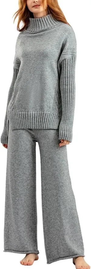 chouyatou Women's Fall 2 Piece Outfits Turtleneck Cable Knit Sweater Wide Leg Pant Sets Lounge Sets