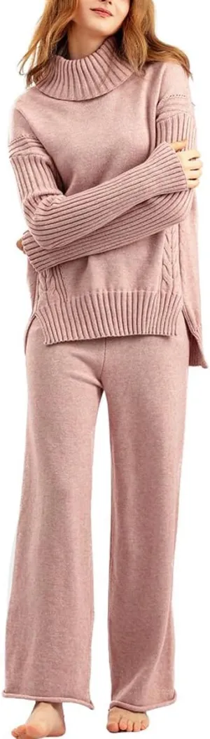 chouyatou Women's Fall 2 Piece Outfits Turtleneck Cable Knit Sweater Wide Leg Pant Sets Lounge Sets