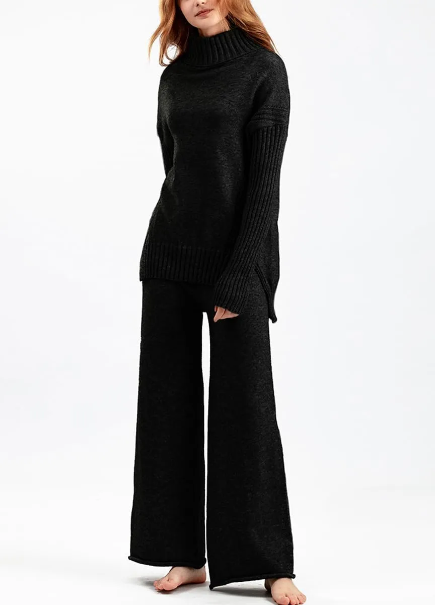 chouyatou Women's Fall 2 Piece Outfits Turtleneck Cable Knit Sweater Wide Leg Pant Sets Lounge Sets