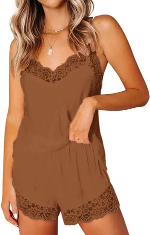 CHYRII Women's Sexy Silk Satin Pajamas Sets Lace Trim Cami Tops Shorts Sleepwear
