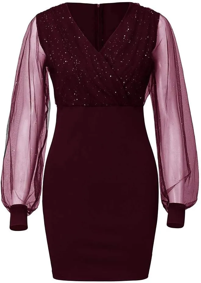 Cocktail Dress for Women,2024 Elegant Sexy Wrap V Neck Skinny Party Dress,Trendy Mesh Patchwork Long Sleeve Dress