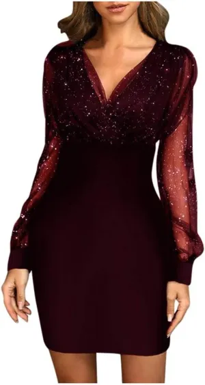 Cocktail Dress for Women,2024 Elegant Sexy Wrap V Neck Skinny Party Dress,Trendy Mesh Patchwork Long Sleeve Dress