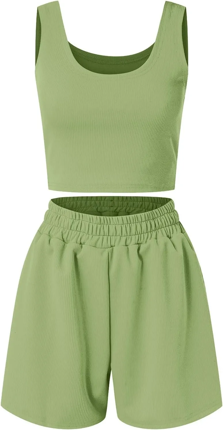 cooki Pajama Sets for Women 2 Piece Summer Sleeveless Lounge Crop Top and High Waisted Shorts Soft Ribbed Knit Sleepwear Set