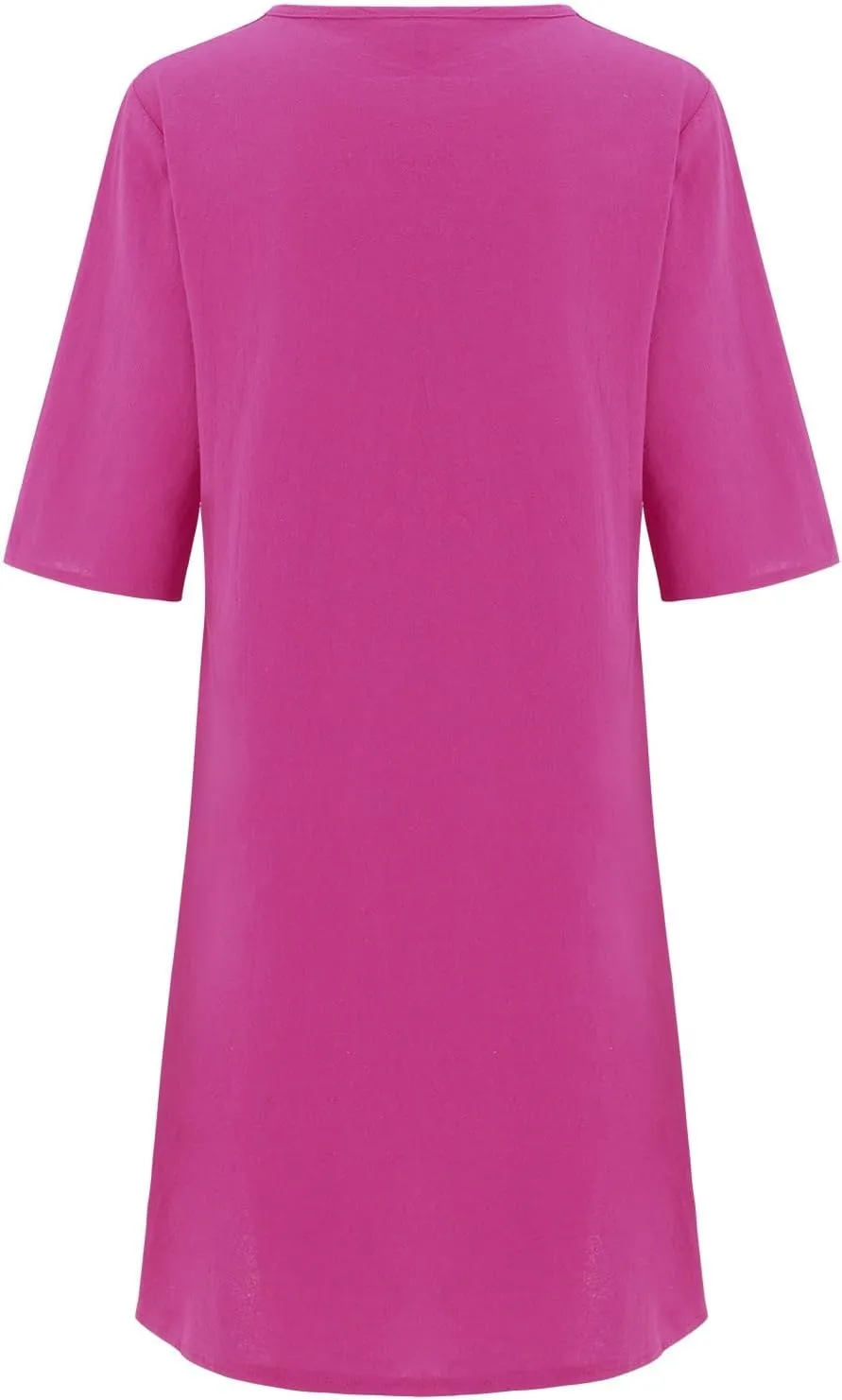 Cotton Linen Dress for Women,Summer Trendy Lace Patchwork Midi Dress Casual Crewneck Short Sleeve Plain Beach Dress