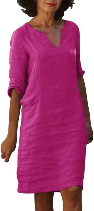 Cotton Linen Dress for Women,Summer Trendy Lace Patchwork Midi Dress Casual Crewneck Short Sleeve Plain Beach Dress