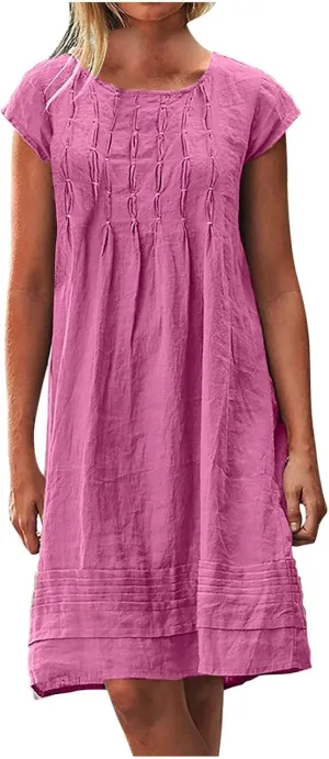 Cotton Linen Dress Women Pleated Summer Dresses Round Neck Short Sleeve Sundress Beach Vacation Casual Mini Dress 2025