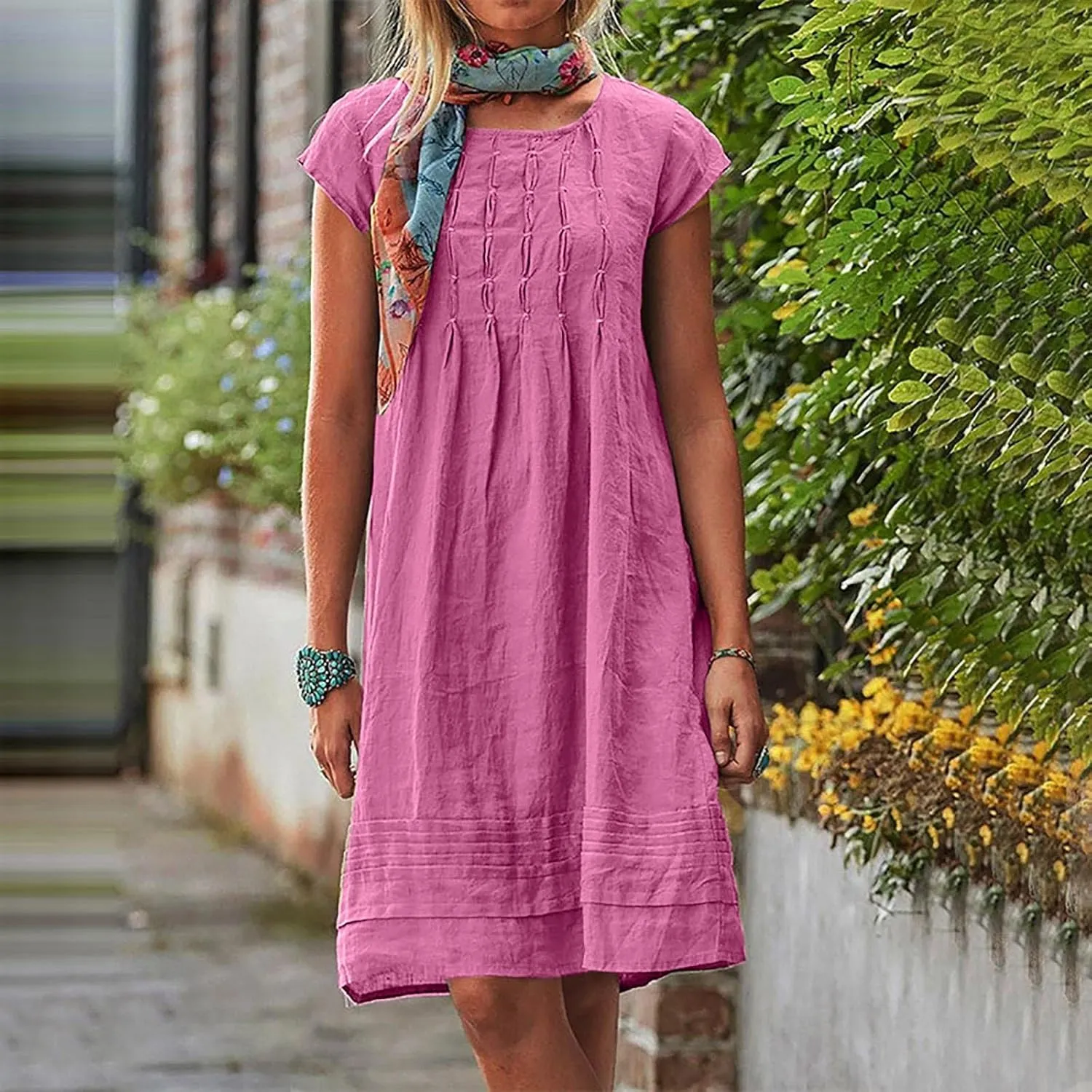 Cotton Linen Dress Women Pleated Summer Dresses Round Neck Short Sleeve Sundress Beach Vacation Casual Mini Dress 2025