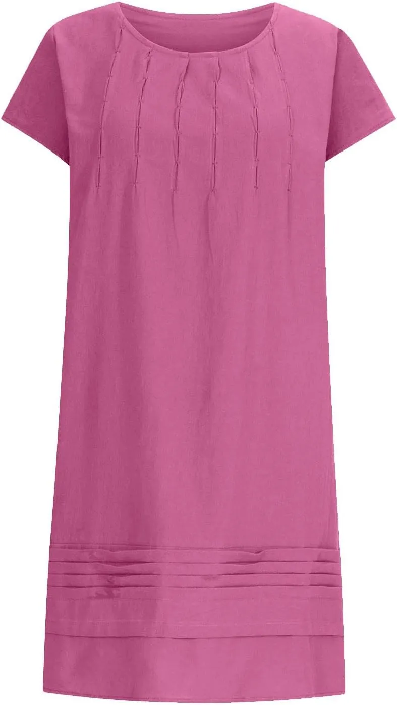 Cotton Linen Dress Women Pleated Summer Dresses Round Neck Short Sleeve Sundress Beach Vacation Casual Mini Dress 2025