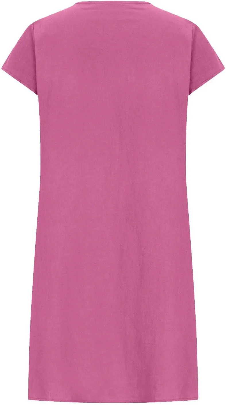 Cotton Linen Dress Women Pleated Summer Dresses Round Neck Short Sleeve Sundress Beach Vacation Casual Mini Dress 2025